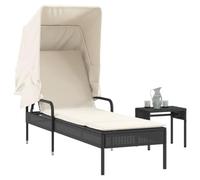 Sinkzol Chaise longue de jardin avec toit et table en rotin synthétique noir, dossier réglable, coussin rembourré, résistant aux UV, idéal pour balcon, terrasse, piscine, plage, camping, bien-être