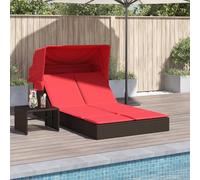 Sinkzol Chaise longue double avec baldaquin et coussin en polyrotin, marron, 108 x 236 x 110 cm, avec dossier réglable, accoudoirs et résistant aux UV pour jardin, terrasse, balcon, piscine, extérieur