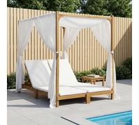Sinkzol Chaise longue double en bois d'acacia massif avec auvent, dossier réglable et rideaux, chaise longue de jardin crème pour terrasse, balcon, extérieur, piscine et espace spa