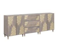 Sinkzol Ensemble d'armoire de salle de bain gris et doré avec 3 buffets en bois de manguier massif 180 x 33 x 75 cm, montage mural, espace de rangement avec portes, tiroirs et étagères pour la maison
