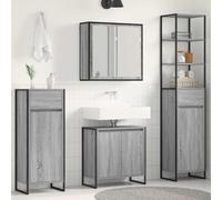 Sinkzol Ensemble de meubles de salle de bain en bois Sonoma gris avec tiroirs et cadre en acier, 6 portes, 12 étagères, miroir plat, meuble sous lavabo, armoire à miroir, peu encombrant