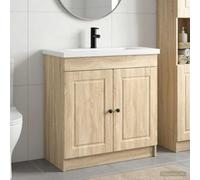Sinkzol Ensemble de meubles de salle de bain en chêne Sonoma avec lavabo et robinet, meuble de salle de bain en bois 78,5 x 37,5 x 81 cm, meuble bas avec étagère et boutons en métal