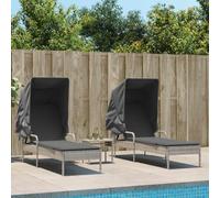 Sinkzol Lot de 2 chaises longues en polyrotin gris clair avec toit, table, dossier et accoudoirs réglables pour jardin, terrasse, balcon, piscine, extérieur, chaise longue relaxante avec appui-tête et