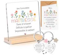 Sinmoe 4 Articles Cadeau Merci Maîtresse Cadeau Maitresse d'École | Inclure Acrylique Plaque Cadeau Professeur d'École Fin d'Année Porteclés Gravé Double Face Carte de Vœux avec Enveloppe Kraft