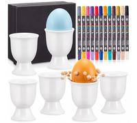 Sinmoe 6 Pcs Coquetier Oeufen Ceramique avec 12 Stylos de 24 Couleurs | À Peindre, Support pour Œuf à la Coque, 12 Stylos Porcelaine, 24 Couleurs, Idéal pour Pâques, Anniversaire, DIY