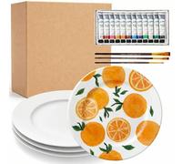 Sinmoe Kit de Peinture d'Assiettes en Céramique Comprend 4 Assiettes en Porcelaine 3 Pinceaux 12 Peintures Acryliques 1 Coffret Cadeau 1 Palette à Peindre DIY(10 Pouces,Éco-chic,4 Pièces)
