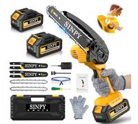 SINPY Mini Tronçonneuse à Batterie 15 cm, 2 Batteries 4000mAh | élagueuse, 2 chaînes, 2 guide-chaînes, scie électrique sans fil, 2x4000 mAh, taille des arbres, outil de jardin