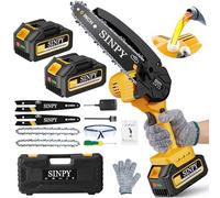 SINPY Mini Tronconneuse a Batterie 2x4000mah, 6 Pouces Tronçonneuse sur Batterie Elagueuse Thermique Coupe Branche Electrique Petite Tronçonneuse Sans Fil pour Jardin, 2 Chaînes, 2 Guide-chaînes