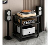 Sintered Stone Audio Stand Rack, Audio Video Shelving Stereo Cabinet | Meuble HiFi Etagere en Pierre Frittee et Acier avec Patins Anti-Vibration pour Ampli(Black-Gold,3-Tier)