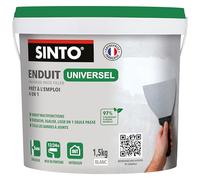 SINTO Enduit universel pâte blanc 1,5kg | Rebouche égalise et lisse en 1 seule passe jusqu'à 5mm, colle les bandes à joints, plâtre béton brique, prêt à l'emploi