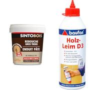 Sinto Rebouche Bois pour Gros Trous et Fissures Bois Clair - 1kg - Facile et Prêt à l’Emploi & Baufan Colle à Bois D3-500g I Étanche, Sans Solvant I Pour Tous Types de Bois, OSB, Stratifiés