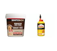 Sinto Rebouche Bois pour Gros Trous et Fissures Bois Clair - 1kg - Facile et Prêt & Pattex | Colle Bois Express (biberon de 750 g) - Colle à bois transparente à séchage rapide - Colle vinylique