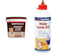 Sinto Rebouche Bois pour Gros Trous et Fissures Bois Clair - 500 g - Facile et Prêt à l’Emploi & Baufan Colle à Bois D3-500g I Étanche, Sans Solvant I Pour Tous Types de Bois, OSB, Stratifiés