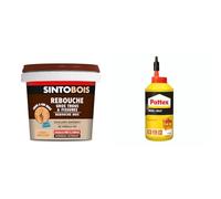 Sinto Rebouche Bois pour Gros Trous et Fissures Bois Clair - 500 g - Facile & Pattex | Colle Bois Express (biberon de 750 g) - Colle à bois transparente à séchage rapide - Colle vinylique