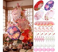 Sintuff Lot de 35 décorations japonaises en fleurs de cerisier avec | Comprend des parapluies japonais, des éventails pliants, des branches de pêche, des lanternes roses, pour mariage