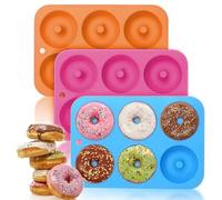 Sinzau Lot de 3 moules en silicone anti-adhésifs pour pâtisserie, donuts, 6 cavités, passent au lave-vaisselle, pour la production de gâteaux, biscuits, bagels et muffins (rose, orange, bleu)