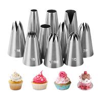 SINZONeu® Set de 10 Douilles Pâtisserie Professionnelles en Inox - Embouts pour Poche à Douille, Décoration Gâteaux & Cupcakes (Cannelée/Étoile/Rosace)