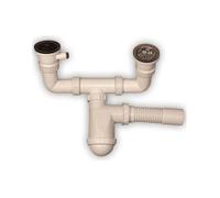Siphon d'évier 2 chambres - UN - Filtre métallique - Sortie pour machine à laver - Blanc - Connexion lave-vaisselle