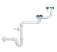 Siphon évier 1 bac, diamètre 115 mm, Extra-Plat avec trop Plein rectangulaire/Rond et Sortie pour Machine à Laver/Lave-Vaisselle