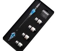 SIPLIV fait main cristal verre intarsia dip stylo plume kit calligraphie signatures stylo avec 4 couleurs d'encre, porte-stylo, tasse de nettoyage, bleu clair