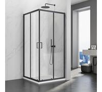 SIRHONA Cabine de Douche 100x100x195 cm Coulissante à Double Ouverture, Noir, Porte de Douche en Verre à Deux Panneaux Fixes avec Verre Transparent de 5 mm, Réglable d'un seul côté 20 mm