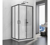 SIRHONA Cabine de Douche 80x100x195 cm Coulissante à Double Ouverture, Noir, Porte de Douche en Verre à Deux Panneaux Fixes avec Verre Transparent de 5 mm, Réglable d'un seul côté 20 mm