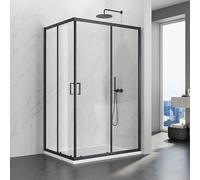 SIRHONA Cabine de Douche 90x120x195 cm Coulissante à Double Ouverture, Noir, Porte de Douche en Verre à Deux Panneaux Fixes avec Verre Transparent de 5 mm, Réglable d'un seul côté 20 mm