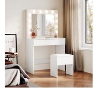 SIRHONA Coiffeuse avec Miroir et Tabouret,Ensemble de Coiffeuse avec Ampoules LED à Intensité Variable,Grand