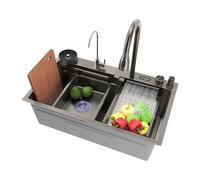 SIRHONA Évier de Cuisine avec Cascade, Évier Multifonction 1 Bac en Inox 75x45 cm, Robinet Rétractable, Avec Affichage de la Température, Noir