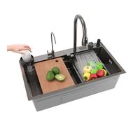SIRHONA Évier de Cuisine avec Cascade, Évier Multifonction 1 Bac en Inox 80x45 cm, Robinet Rétractable, Avec Affichage de la Température, Noir