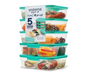 Sistema NEST IT Récipients plats préparés | 1,9 litre | Récipients de conservation alimentaire hermétiques avec compartiments et couvercle | Idéal pour meal prep | Vert | Lot de 5