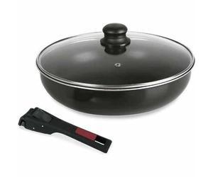 Sitram 712380 Sauteuse Agile 28 cm en aluminium revêtement noir anti-adhérent sans PFOA - manche amovible clipsable - couvercle en verre - tous feux dont induction, 3 liters, Noir