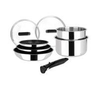Sitram 714248 Batterie de cuisine Inox 8 Pièces : 3 Poêles Ø20,24,28 cm + 2 Casseroles Ø16,18 cm + 2 Couvercles Verre Ø16,18 cm + manche amovible, Tous feux dont induction