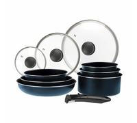 Sitram 714251 Batterie de Cuisine 10 Pièces Aluminium Bleu Mat - Poêles Ø20/24/28 cm + Casseroles Ø16/18/20 cm + 3 Couvercles Verres - Manche Amovible Sitramovible - Tous Feux dont Induction
