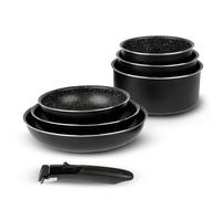 Sitram 716933 Batterie de cuisine 7 pcs Aluminium noir : manche amovible, 3 Poêles Ø20,24,28 cm, 3 Casseroles Ø16,18,20 cm - Revêtement anti-adhérent sans PFOA effet Pierre - Tous feux dont induction