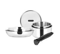 Sitram 717373 Batterie Cuisine 6 pcs 100% Inox : 1 manche amovible, 2 casseroles Ø18,20 cm, 2 poêles Ø20,24 cm, 1 couvercle verre Ø20 cm - Tous feux dont induction - Cuisine Saine Garantie