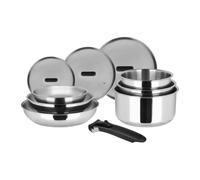 Sitram 717375 Batterie de Cuisine 10 Pièces 100% INOX : 3 Poêles Ø20,24,28 cm + 3 Casseroles Ø16,18,20 cm + 3 Couvercles Verre Ø16,18,20 cm + manche amovible - Tous feux dont induction