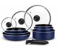 Sitram 717582 Batterie de Cuisine Aluminium 10 Pièces : 3 Poêles Ø20,24,28 cm + 3 Casseroles Ø16,18,20 cm + 3 Couvercles Verre Ø16,20,24 cm + manche amovible, Tous feux dont induction - Bleu marine