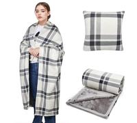 SIVENKE Couverture Portable Oreiller Compact 2 en 1 Couverture de Jour pour Femmes Poncho Polaire avec Bouton Plaid à Carreaux Oreiller pour lit, Canapé, Bureau