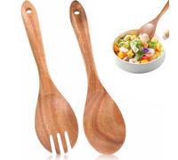 SIWOKJJO Lot de 2 couverts à salade, couverts à salade en bois, 26 cm Cuillère à salade + fourchette à salade en bois d'acacia Ustensiles en bois pour mélanger, cuisiner, aides-cuisine pour la cuisine