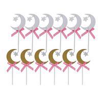 SIXRUN Ensemble de Décorations de Gâteau Golden Moon Star, Décoration en Papier Brillant pour Mariage et Fête D'anniversaire, 12 Pièces avec Nœud Rose, Taille 5 Pouces