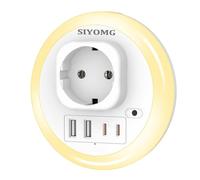 SIYOMG Veilleuse LED avec capteur crépusculaire, 2 ports USB et 2 ports USB-C (3,6 A), 6 couleurs de lumière réglables, capteur de luminosité automatique/ON/OFF avec capteur de lumière