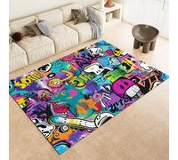 Skateboard d'art Graffiti Tapis Lavable en Machine 120x170cm - Tapis imprimé antidérapant à Poils Courts pour Salon, Chambre d'enfant, Chambre de Gamer, décoration de Chambre Couleur