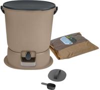Skaza Bokashi Essential Poubellecuisine (15,3 litres) + socle - Poubelle à compost cuisine et jardin en plastique recyclé - Kit de démarrage + 1 kg de starter de fermentation inclus - Cappuccino