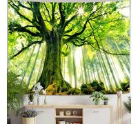Skcess Tapisserie murale en forme de serviette 200 x 200 cm, tapisserie de forêt, nature, paysage vert, arbre, tapisserie de lever de soleil, tapisserie de jungle, tenture murale, décoration murale
