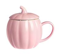 Skeadex Tasse citrouille d'Halloween, tasse à café en céramique avec couvercle, 400 ml, cadeaux d'Halloween pour les amis (rose clair)