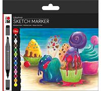 Sketch Graphix Lot de 12 marqueurs à pointe double japonaise 1 mm Pointe biseautée fine 1 mm Couleurs brillantes, encre à séchage rapide, faible odeur et imperméable
