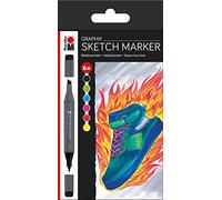 Sketch Graphix Lot de 6 marqueurs à pointe double japonaise 1-7 mm Pointe biseautée fine 1 mm Couleurs brillantes, encre à séchage rapide, sans odeur et imperméable
