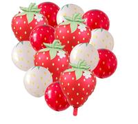 SKIRUP 14 Pièces Ballons Fraise Ballons Latex en Aluminium Décorations de Fête Shortcake pour Fille Anniversaire d'1 An, Fournitures de Fête aux Fruits d'Été (kit de ballons fraise rouge)