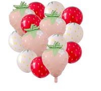SKIRUP 14 Pièces Ballons Fraise en Latex Ballons en Aluminium pour Décoration de Fête de Shortcake pour Fille Anniversaire d'1 An, Fournitures de Fête aux Fruits d'Été (kit de ballons fraise rose)